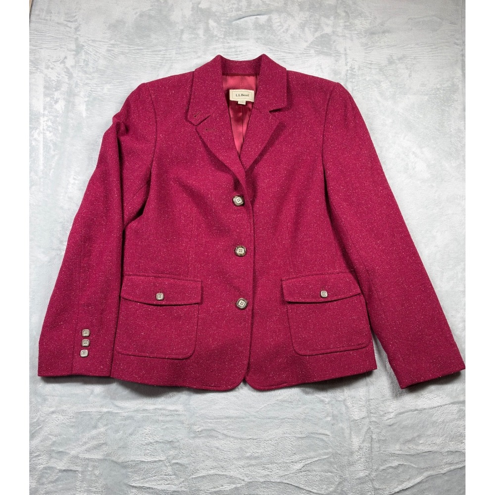 L.L.Bean Blazer Womens Large Raspberry Pink Wool Silk Tweed Lined Jacket